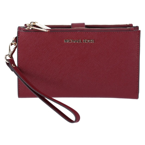 Michael Kors Jet Set Travel Large Double Zip Wristlet Phone Wallet Dark Cherry - Picture 5 of 6